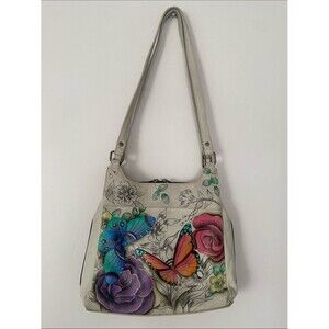 VTG Anuschka Hand-Painted Floral & Butterfly Leather Crossbody Bag Cream Rare